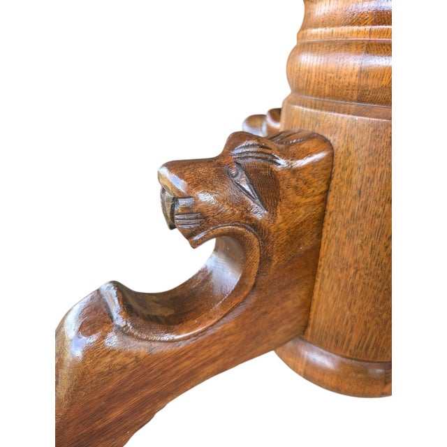 Wood Antique Carved Oak Lion Head Pedestal Dining Table With 3 Leaves - 42" to 69" For Sale - Image 7 of 16