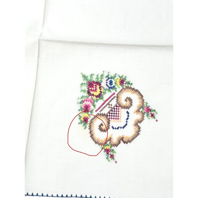 Vintage Hand Embroidered Floral Cotton Dinner Napkins – Blue Stitch Trim, Cottage Style (Set of 10) For Sale - Image 11 of 12