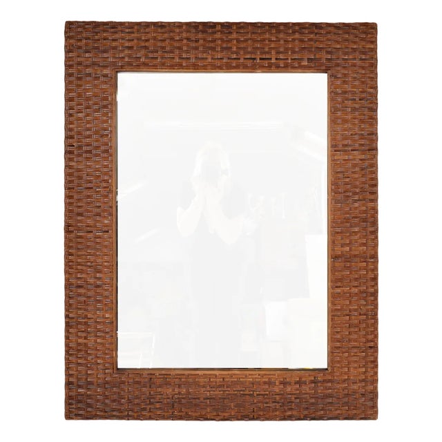 Large Wicker Woven Split Cane & Bamboo Mirror with Frame Rattan Tiki, 1970s For Sale