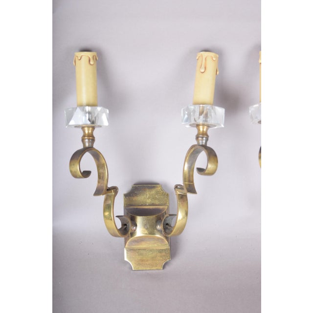 Scrolled Brass Wall Sconces with Crystal Bobeches attributed to Jules Leleu, 1950s, Set of 2 For Sale - Image 4 of 11
