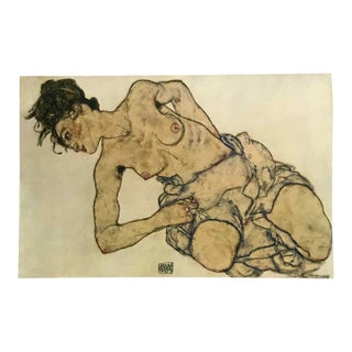 1981 Egon Schiele 31 Erotic Drawing Crouching Semi Nude For Sale