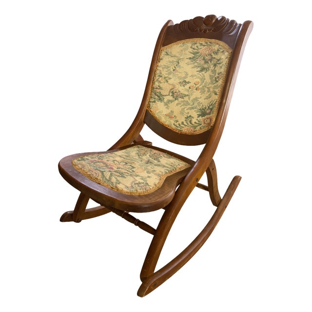 Antique Wooden Folding Rocking Chair with Floral Upholstery, 1920s For Sale