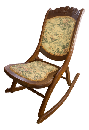 Antique Wooden Folding Rocking Chair with Floral Upholstery, 1920s