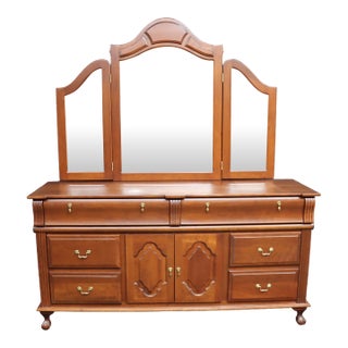 Dutch Designs Cherry Dresser With Tri-Fold Mirror For Sale