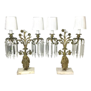 Pair of Late 19th Century Brass Figural Candelabra Lamps With Prisms