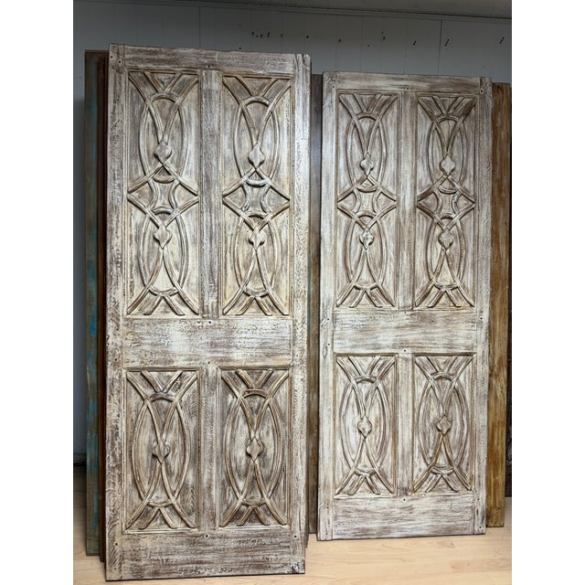 Midcentury Carved Entry Doors in Distressed Wood Architectural Statement Panels 80x30 For Sale - Image 10 of 14