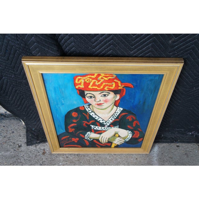 Late 20th Century The Red Madras Headdress Portrait Oil Painting After Henri Matisse Framed For Sale - Image 10 of 11