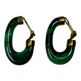 1970s Malachite and 14k Yellow Gold Elongated Hoop Earrings, a Pair For Sale