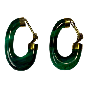 1970s Malachite and 14k Yellow Gold Elongated Hoop Earrings, a Pair