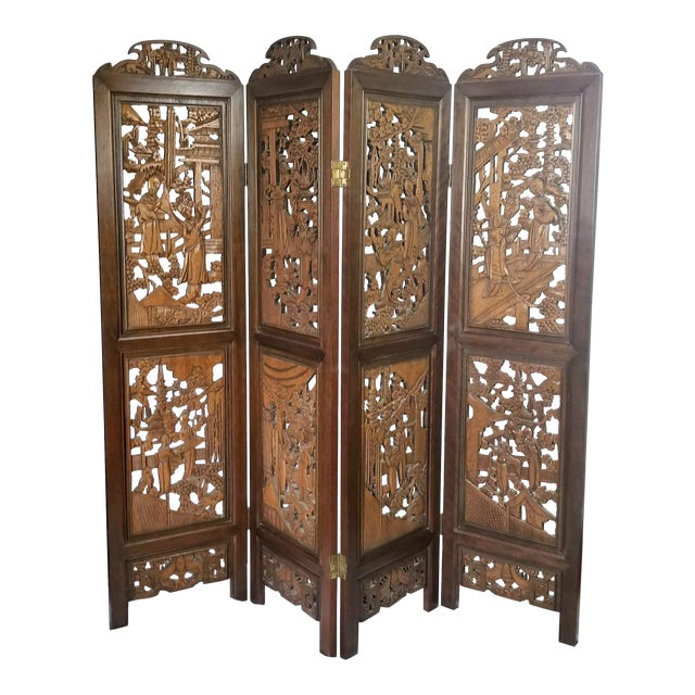 Vintage Chinoiserie 4Panel Teak Wood Room Divider Screen Chairish