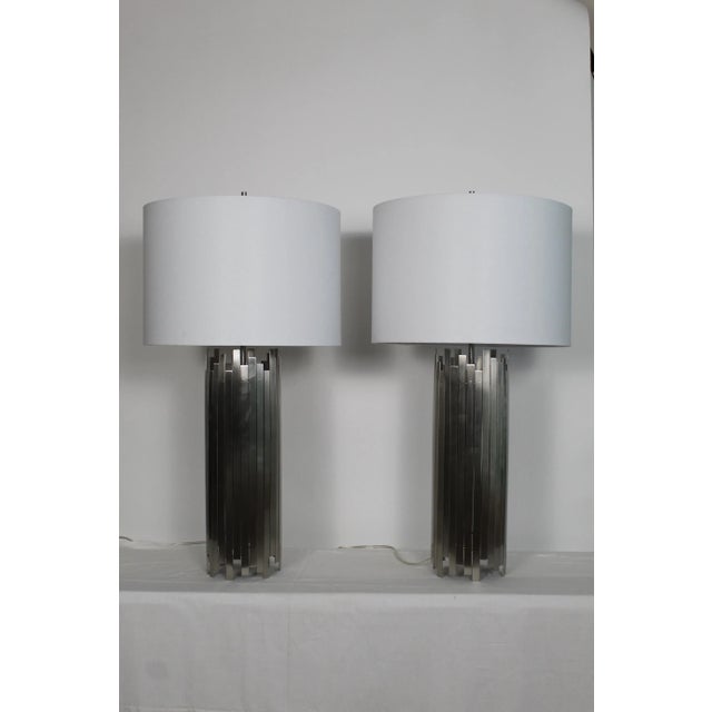 Paul Mayen Influence Brushed Steel Lamps - a Pair For Sale - Image 9 of 12