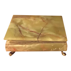 1950s Mid Century Translucent Olive Green Onyx with Brown Veins Red Velvet Lining, and Brass Claw Feet Lid Jewelry Box