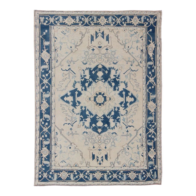 Blue and Ivory Floral Vintage Turkish Oushak Rug With Blossoming Medallion For Sale