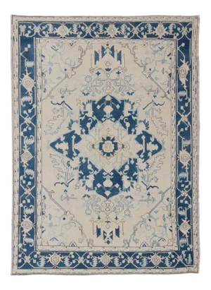 Blue and Ivory Floral Vintage Turkish Oushak Rug With Blossoming Medallion
