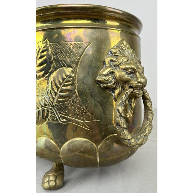 Metal Vintage Brass Footed Planter with Floral Lion Handles For Sale - Image 7 of 18