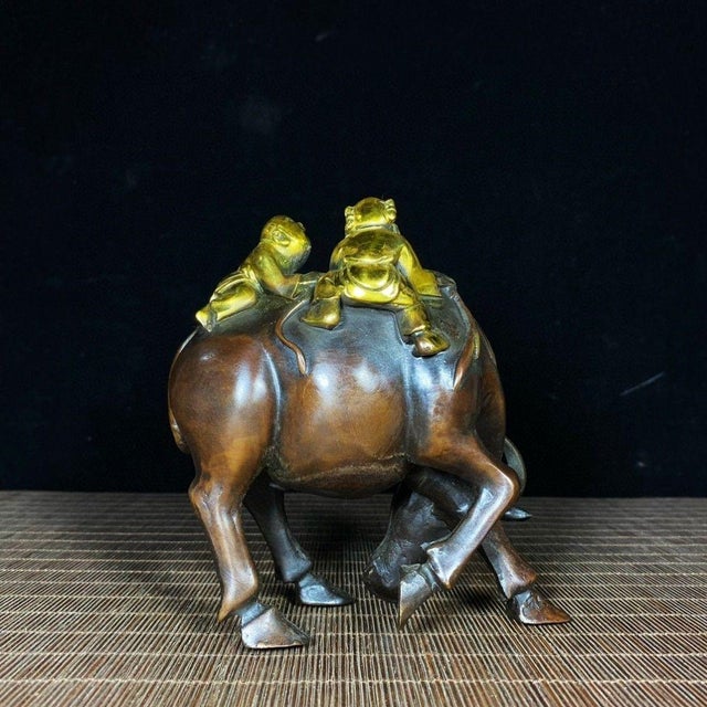 Mid 20th Century Vintage Gilt Bronze Buffalo With Boys Figure - Two Herders on Ox Sculpture For Sale - Image 5 of 9
