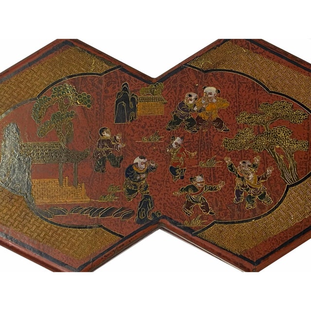 Wood Chinese Distressed Brown People Graphic Rectangular Decagon Shape Box For Sale - Image 7 of 8