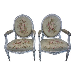 Late 18th/19th Century French Ivory Louis XVI Armchairs With Aubusson - Set of 2 For Sale