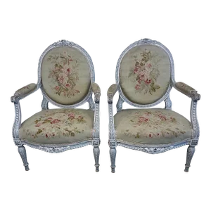 Late 18th/19th Century French Ivory Louis XVI Armchairs With Aubusson - Set of 2