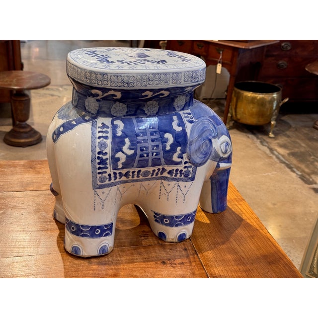 1980s 1980s Blue and White Elephant Stool For Sale - Image 5 of 7