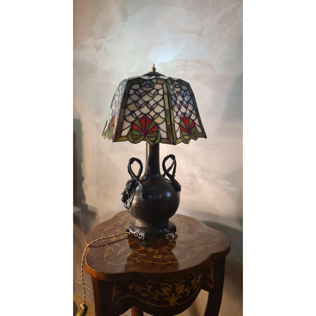 Art Nouveau Bronze Caryatid Lamp with Stained-Glass Glass Shade in the style of Tiffany, 1900s For Sale - Image 13 of 14