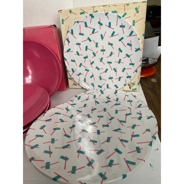 PostModern Dinnerware Plate Melamine Turquoise Pink Set- 12 Pcs Massimo Vignelli-Style For Sale In Cleveland - Image 6 of 9