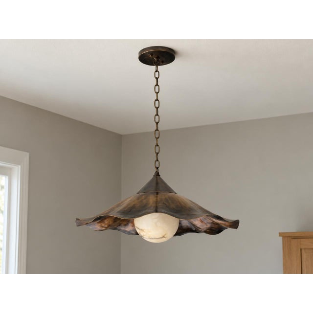 Ruffle Brass Pendant Light, Wavy Kitchen Island Lamp With Alabaster Globe For Sale - Image 4 of 15