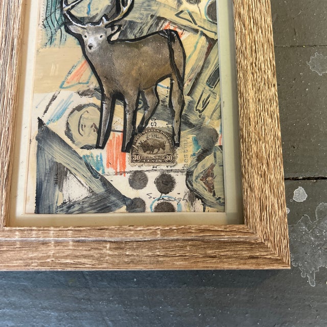Contemporary original “deer” mixed medium drawing / painting / collage by Stephen Heigh. Measures 5x7 or about 6x8 framed....