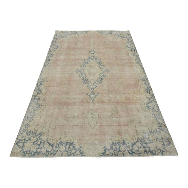 Kerman Rug 7’11” X 11’7” Pink Wool Vintage Distressed Hand-Knotted Carpet For Sale