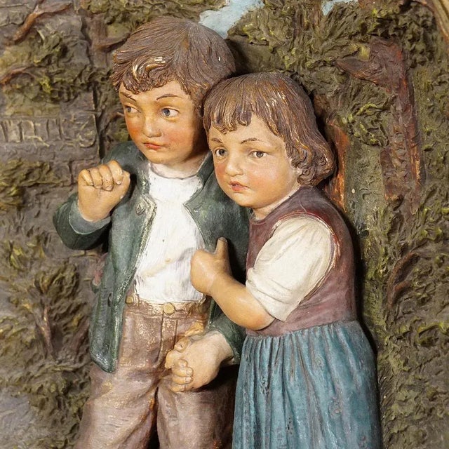 Sculpture Materials Terracotta Wall Plate with Whimsy Children in Farmer Costumes by Johann Maresch, 1890s For Sale - Image 7 of 12