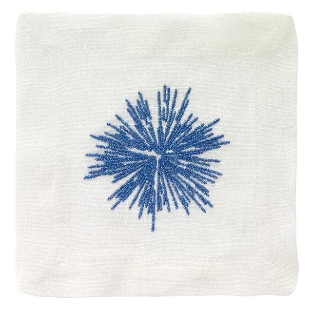 Contemporary Starburst Blue Linen Cocktail Napkins - Set of 4 For Sale - Image 3 of 4