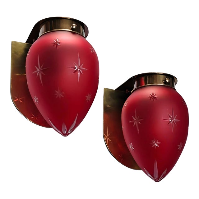 Vintage Art Deco Light Old Lamp Wall Sconces Fixture Brass & Star Red Glass Shade Ship Light Lamp - Pair For Sale