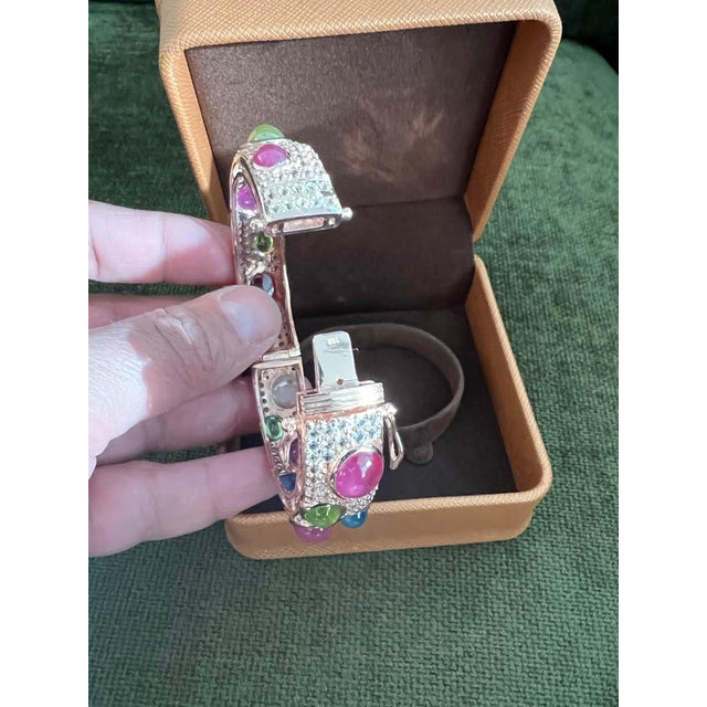 Bochic "Capri" Ruby & Multi Color Gem & Sapphire Bangle Set In 18K Gold & Silver, open and close hinge and safety locks...