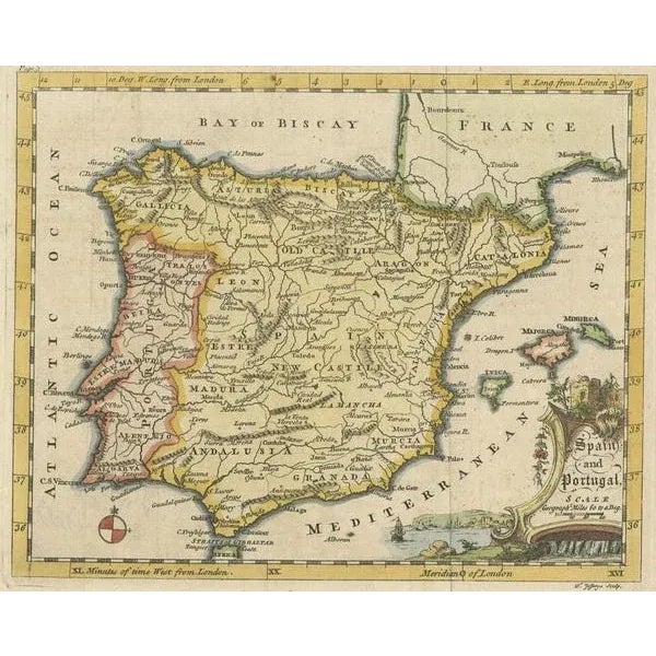 Antique Map of Iberian Peninsula of Spain and Portugal, 1755 For Sale - Image 3 of 5
