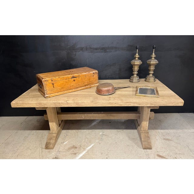 An excellent Solid Oak Farmhouse Dining Table with nice thick top. Originating from France in the early 1900s and of good...