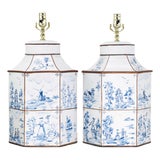A Pair of Vintage Hand-Painted Blue and White Imitation Dutch Tile Landscape Tea Can Table Lamps For Sale