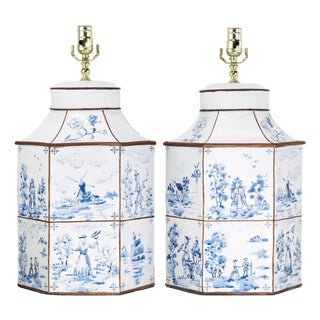 A Pair of Vintage Hand-Painted Blue and White Imitation Dutch Tile Landscape Tea Can Table Lamps For Sale