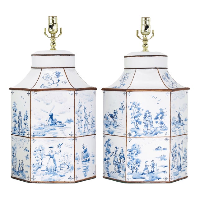 A Pair of Vintage Hand-Painted Blue and White Imitation Dutch Tile Landscape Tea Can Table Lamps For Sale