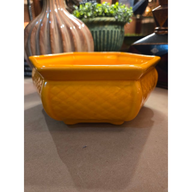 Vintage Pottery 1950's Hexagon Royal Heager Style Vase. No markings on vase. Pretty yellow/orange mix with lattice design....