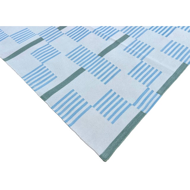 Not Yet Made - Made To Order Handmade Cotton Area Rug, Cream, Sky Blue, Green and Tan Star Dash Striped Dhurrie - 9'x12' For Sale - Image 5 of 12
