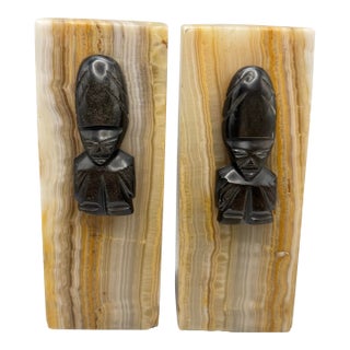 Vintage Heavy Onyx Bookends 7” Aztec Mayan Style Figural Busts Carved Stone Art Deco For Sale