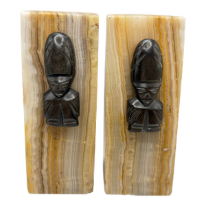 Vintage Heavy Onyx Bookends 7” Aztec Mayan Style Figural Busts Carved Stone Art Deco