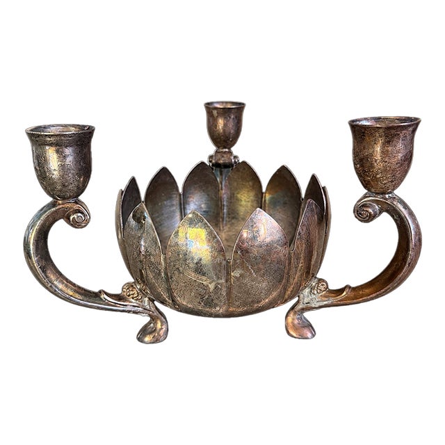 Vintage Leonard Silver Plate Lotus Candelabra With Removable Flower Frog For Sale