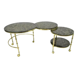 Hollywood Regency Brass & Glass Faux Bamboo Round Nesting Side Coffee Table