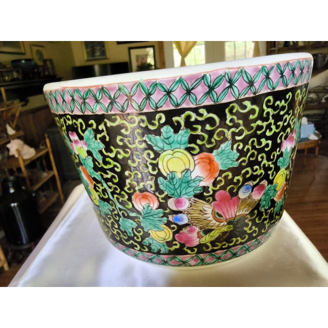 Asian Antique Late Qing / Republic Period Chinese Famille Noire Porcelain Jardinière. Hand Painted. Medium Size. For Sale - Image 3 of 12