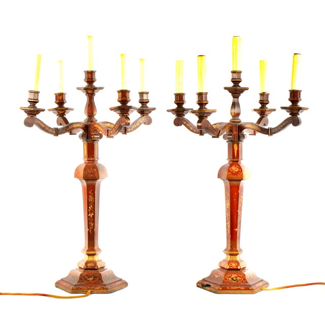 Wood A Pair Red Gilt Chinoiserie Candelabra Table Lamps For Sale - Image 7 of 8