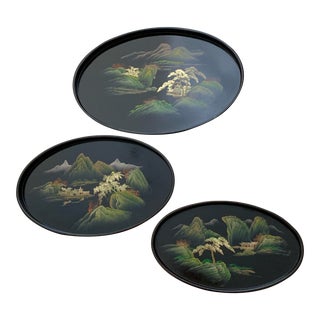 Vintage Japanese Black Lacquer Painted Nesting Trays Oval - Set of 3 Pieces For Sale