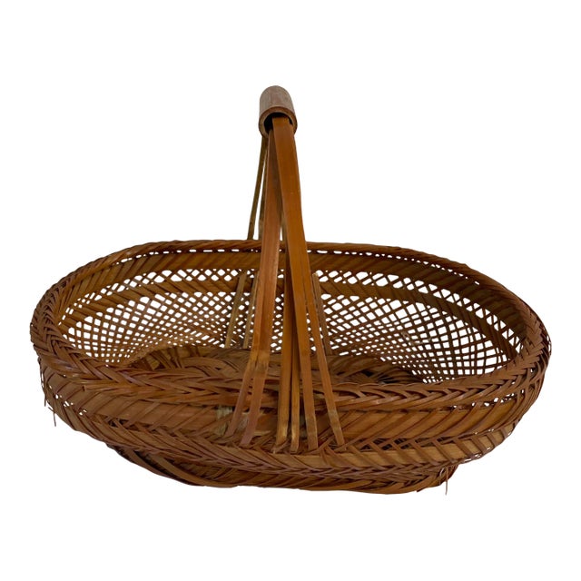 Vintage Chinese Hand Woven Wicker Handled Basket For Sale