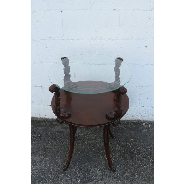 1940s Hand Carved Round Two Tier Mahogany Glass Top Side End Lamp Table 5762 For Sale - Image 5 of 12