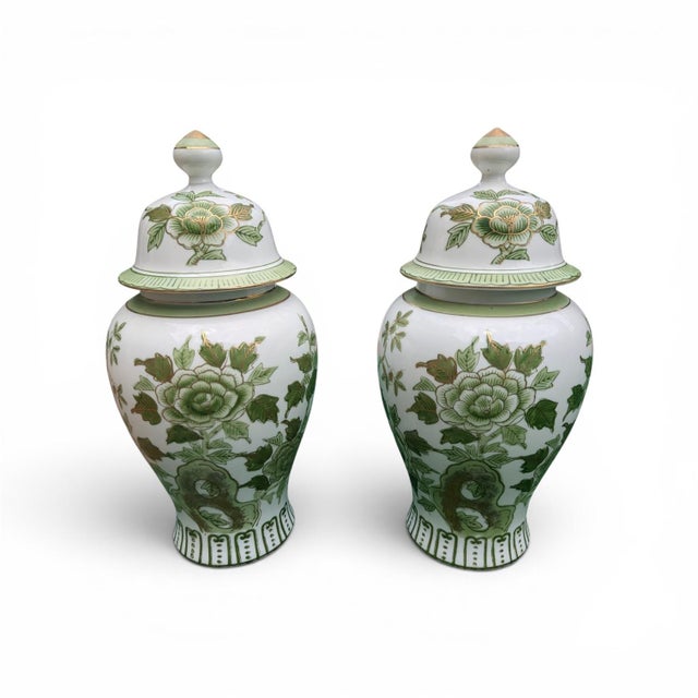 Vintage Chinoiserie Porcelain Green Botanical Ginger Jars- A Pair For Sale - Image 12 of 14